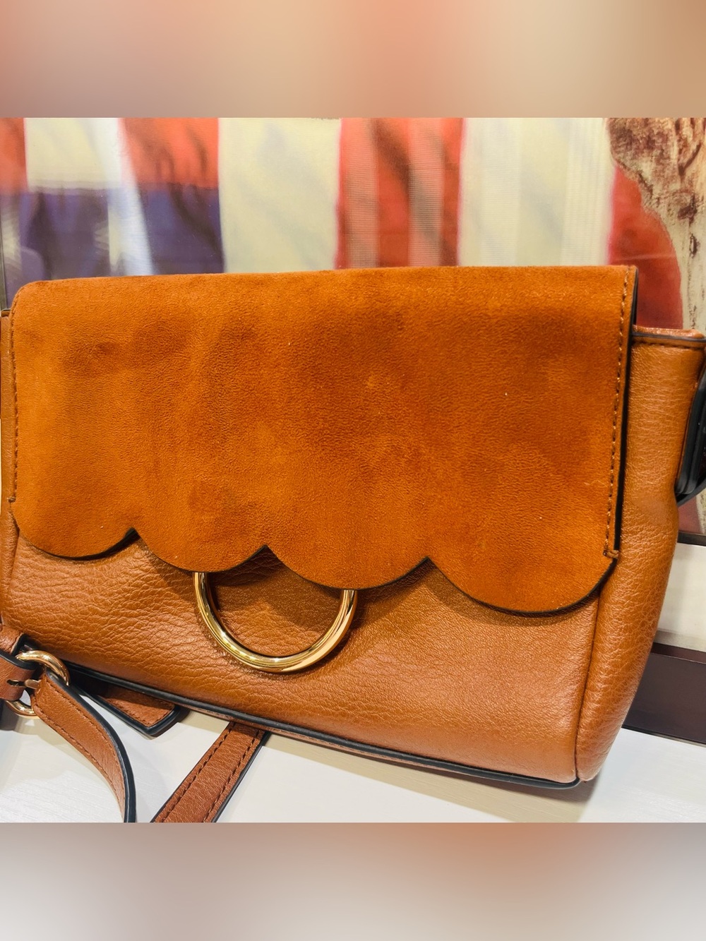 LC Lauren Conrad Scallop Flap Crossbody in Cognac and Suede Brown with Gold Ring